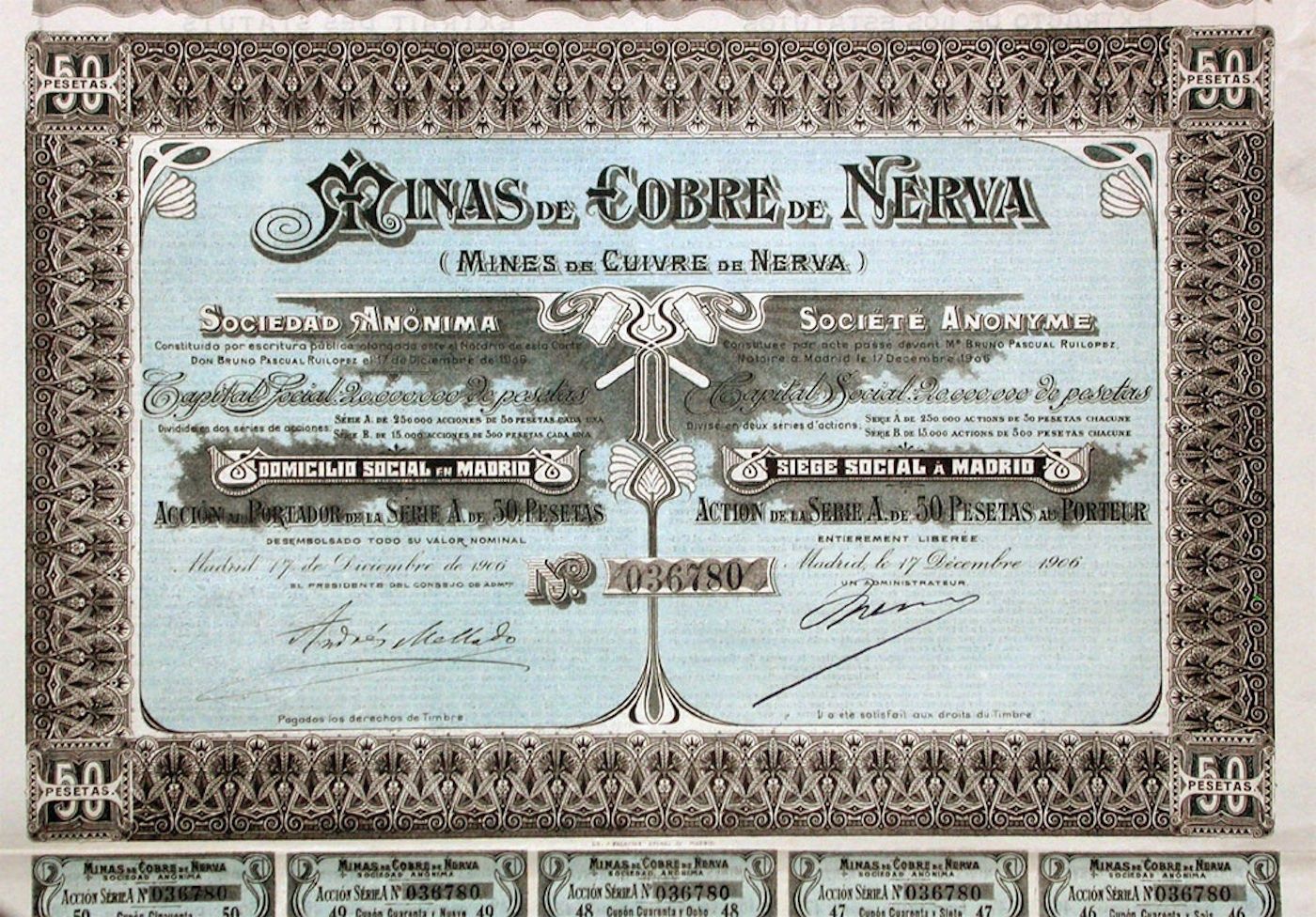 Documenti: Minas de Cobre de Nerva, Madrid - 1906 – Usato da Solothurn venduto da Sgasche