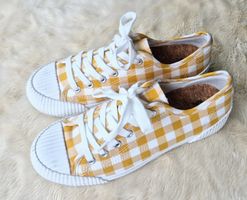 SNEAKER SCHUHE 38 OCKER KARO HALBSCHUH SCHNÜRER TOP ZU JEANS