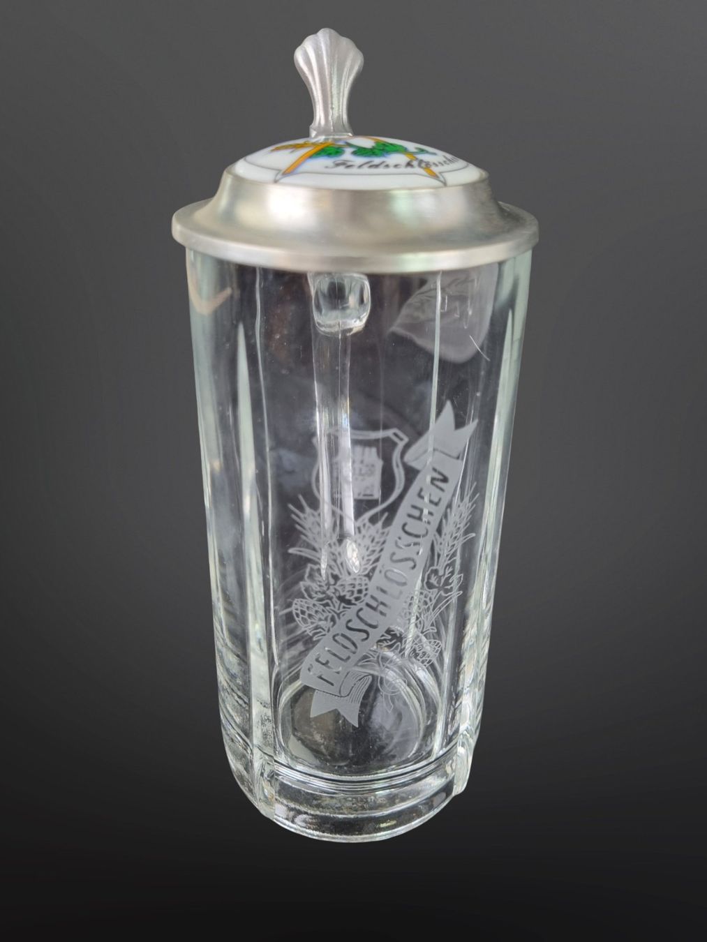 Feldschlösschen Gläser: FELDSCHLÖSSCHEN Bierkrug mit Zinndeckel – Gebraucht aus Wangen b. Olten von Restwert_Wangen 3