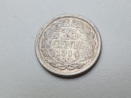 🇳🇱 Netherlands 25 Cents 1914 Wilhelmina Silver 3.575g