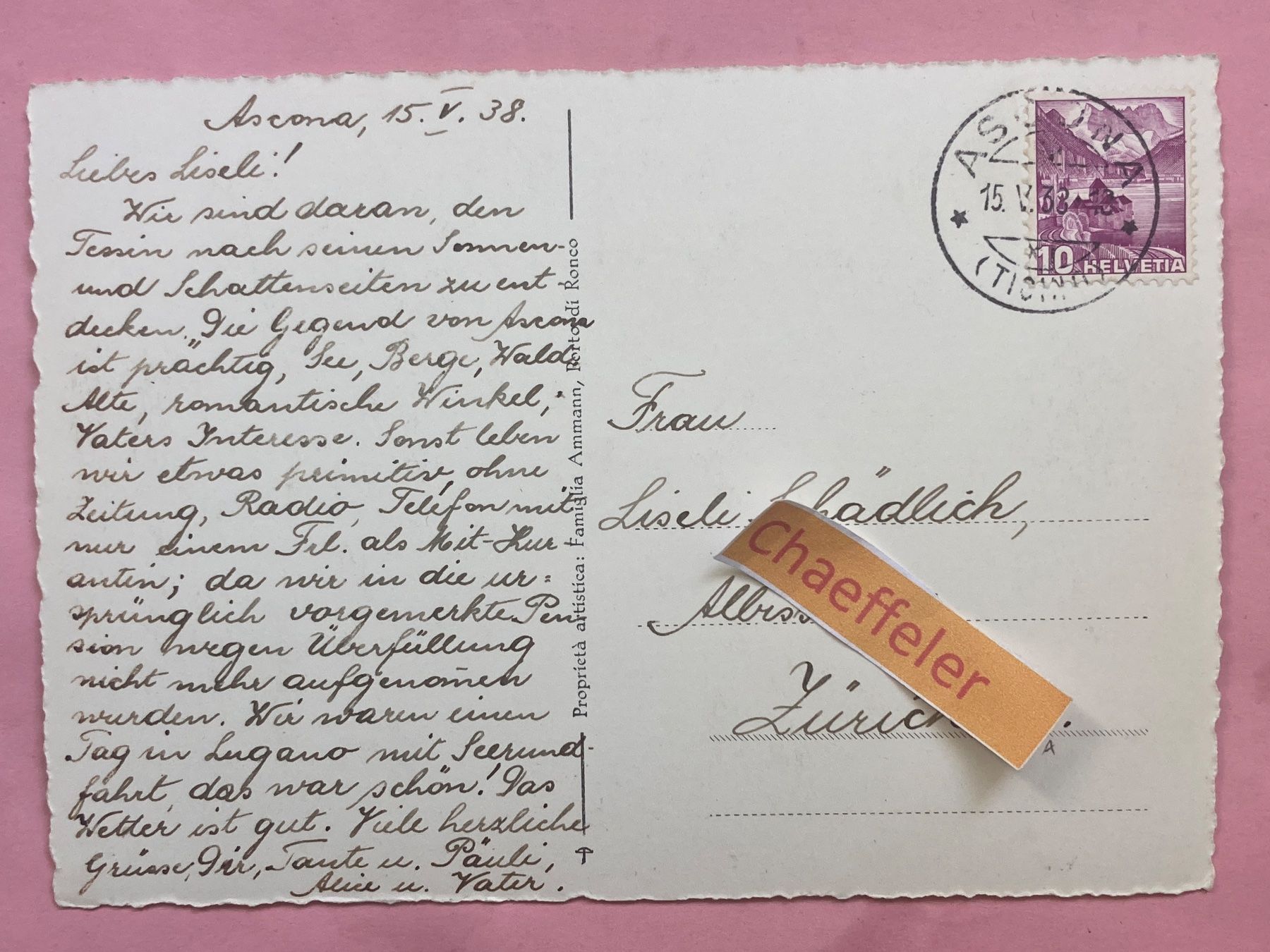 Cartoline postali: 1938 Ascona. 3740 – Usato da Zürich venduto da Chaeffeler 1