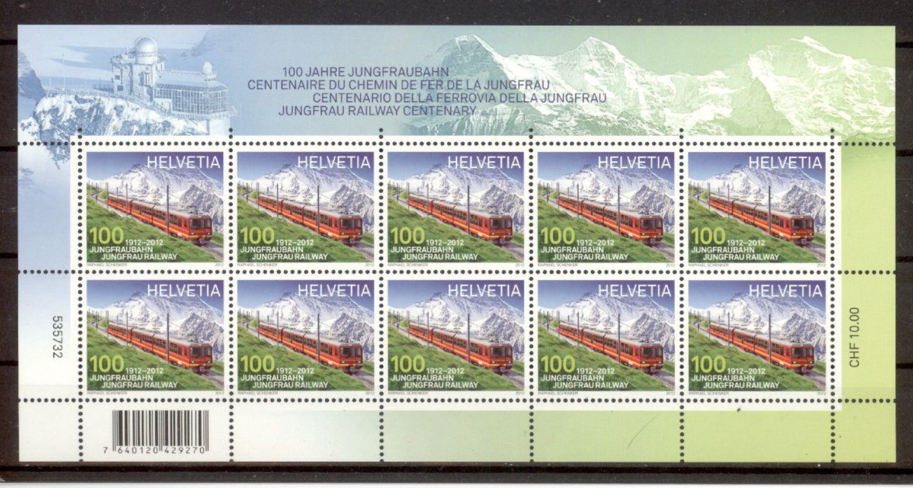 Tutti i francobolli: 2012, 100 Jahre Jungfraubahn, Kleinbogen ** – Usato da Willisau venduto da Vollstempel