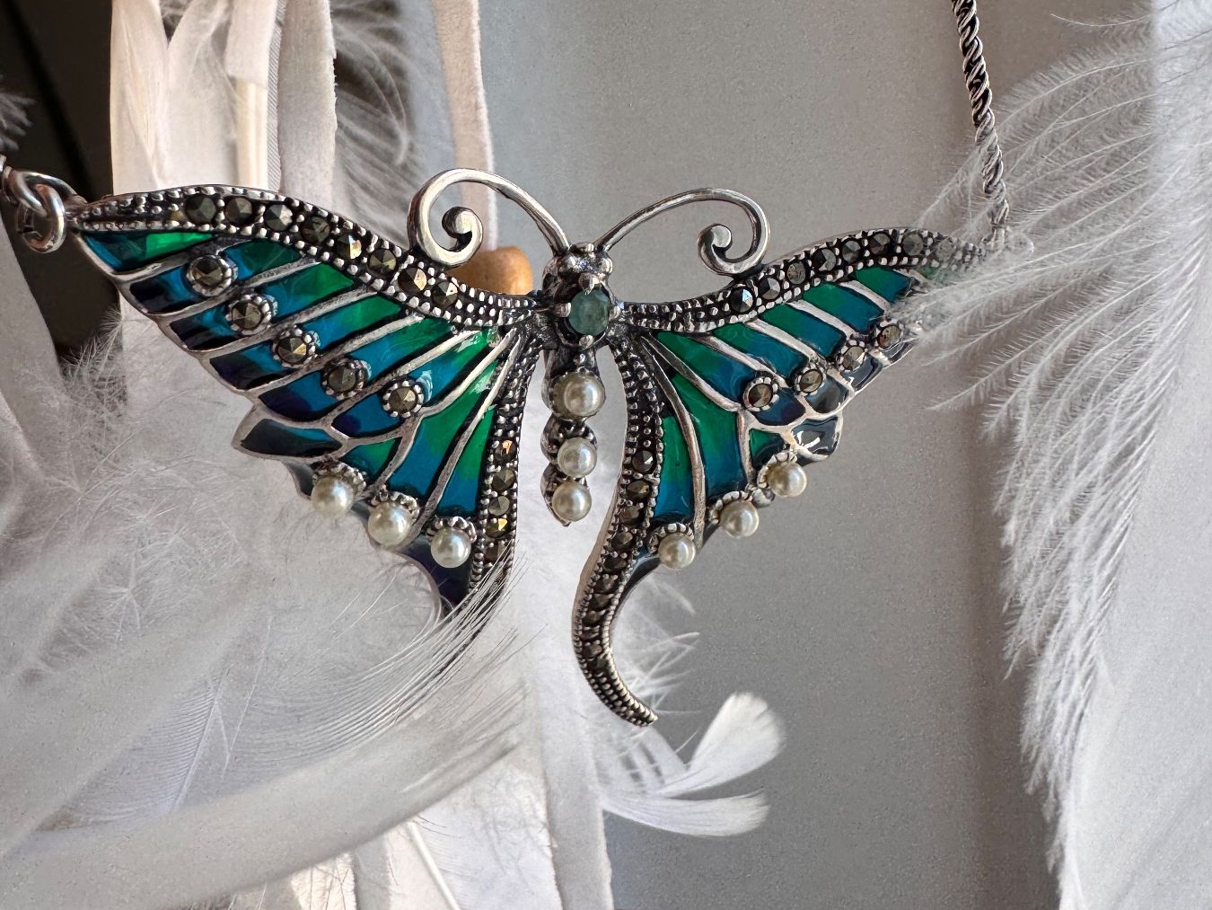 Catenine: Halskette Libelle 925 Sterling Silver mit Smaragd u Perlen – Nuovo (secondo la descrizione) da Zürich venduto da LIBELLA13 1