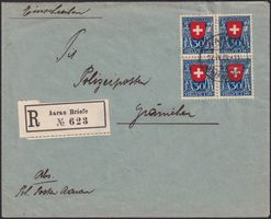 1924, J32: Viererblock auf Brief AARAU nach Gränichen, 300.-