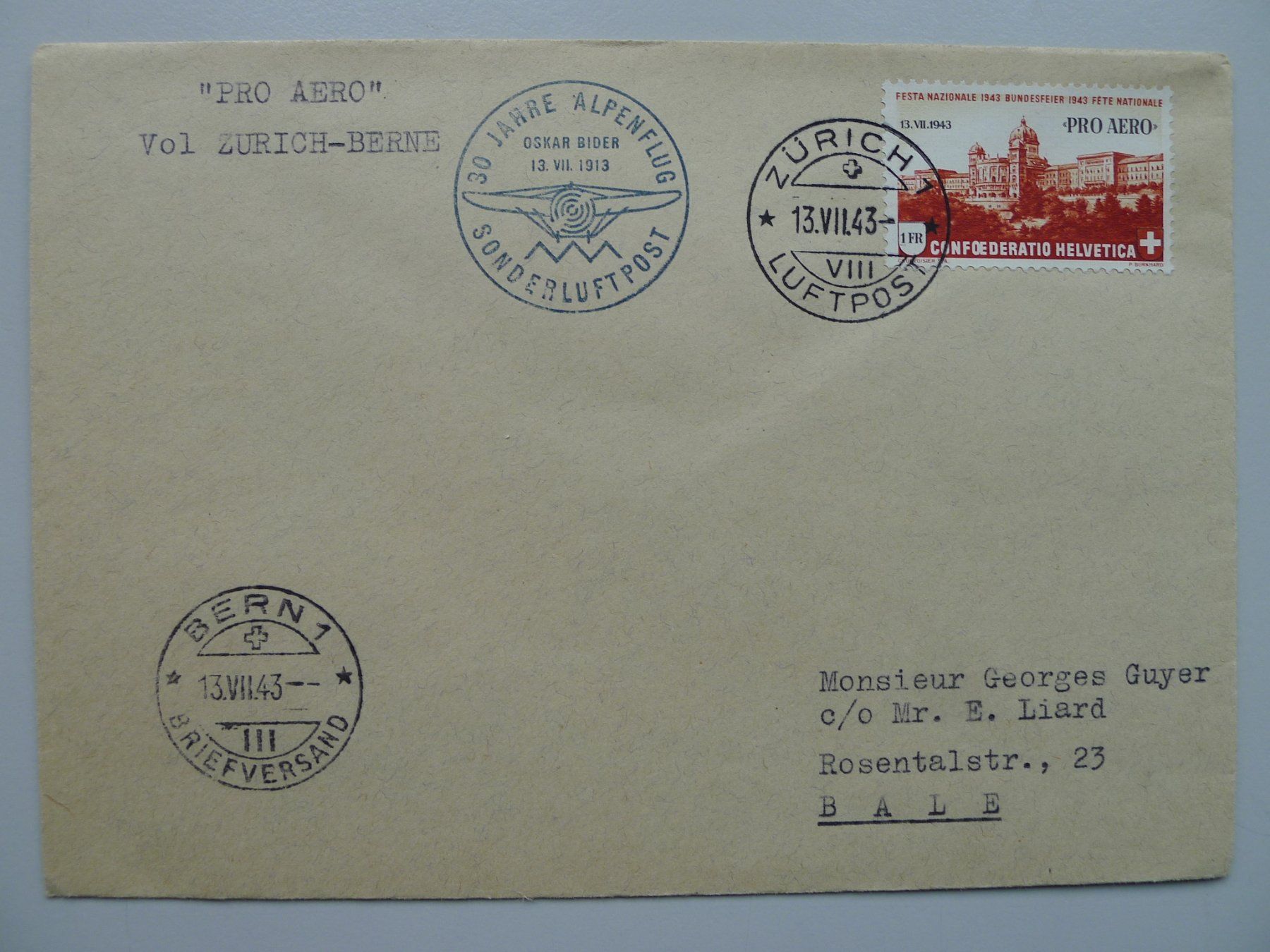 Tutti i francobolli: 1943, Flugbrief Nr.7 – Usato da Sursee venduto da Luzernerraute