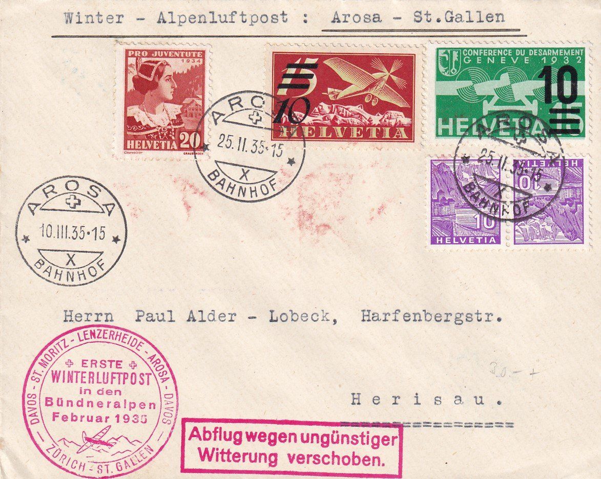 Alle Briefmarken: 1. Winterluftpost in den Bündner Alpen 1935 – Gebraucht aus Baar von Asmara111