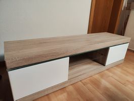 TV-Ständer aus Holz und Weiß mit Glasplatte, guter Gesamtzus