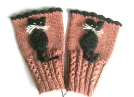 Pulswärmer mit Katze, handgestrickt