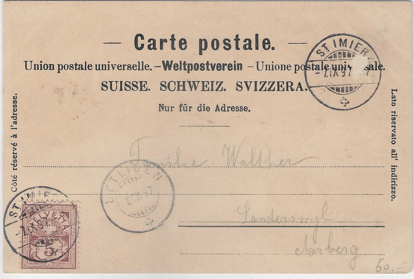 Cartoline postali: Souvenir de St. Imier Jmier - Litho 1897 – Usato da Ettingen venduto da Kartenplanet 1