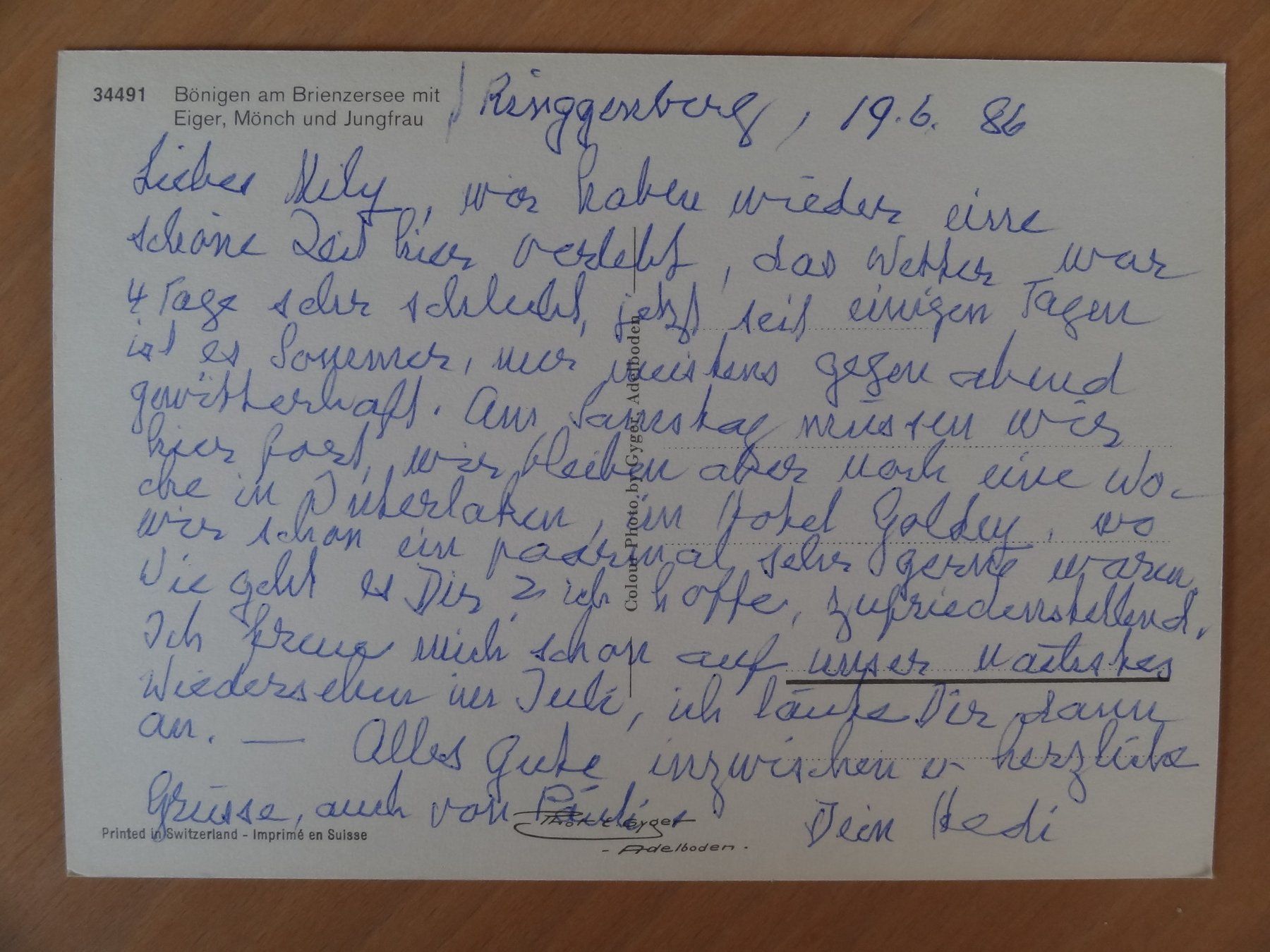 Cartoline postali: Bönigen - Eiger, Mönch, Jungfrau - 1986 – Usato da St Léonard venduto da Riglin 1