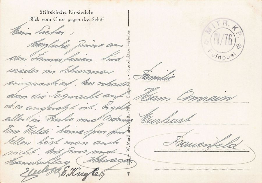 Cartoline postali: Stiftskirche Einsiedeln, Feldpost MITR. KP. IV/76 – Usato da Frauenfeld venduto da POML 1