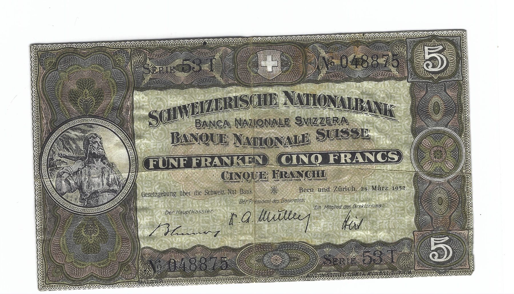 Banconote: 5 Franken Note 1952 – Usato da Bottmingen venduto da Golferin 1