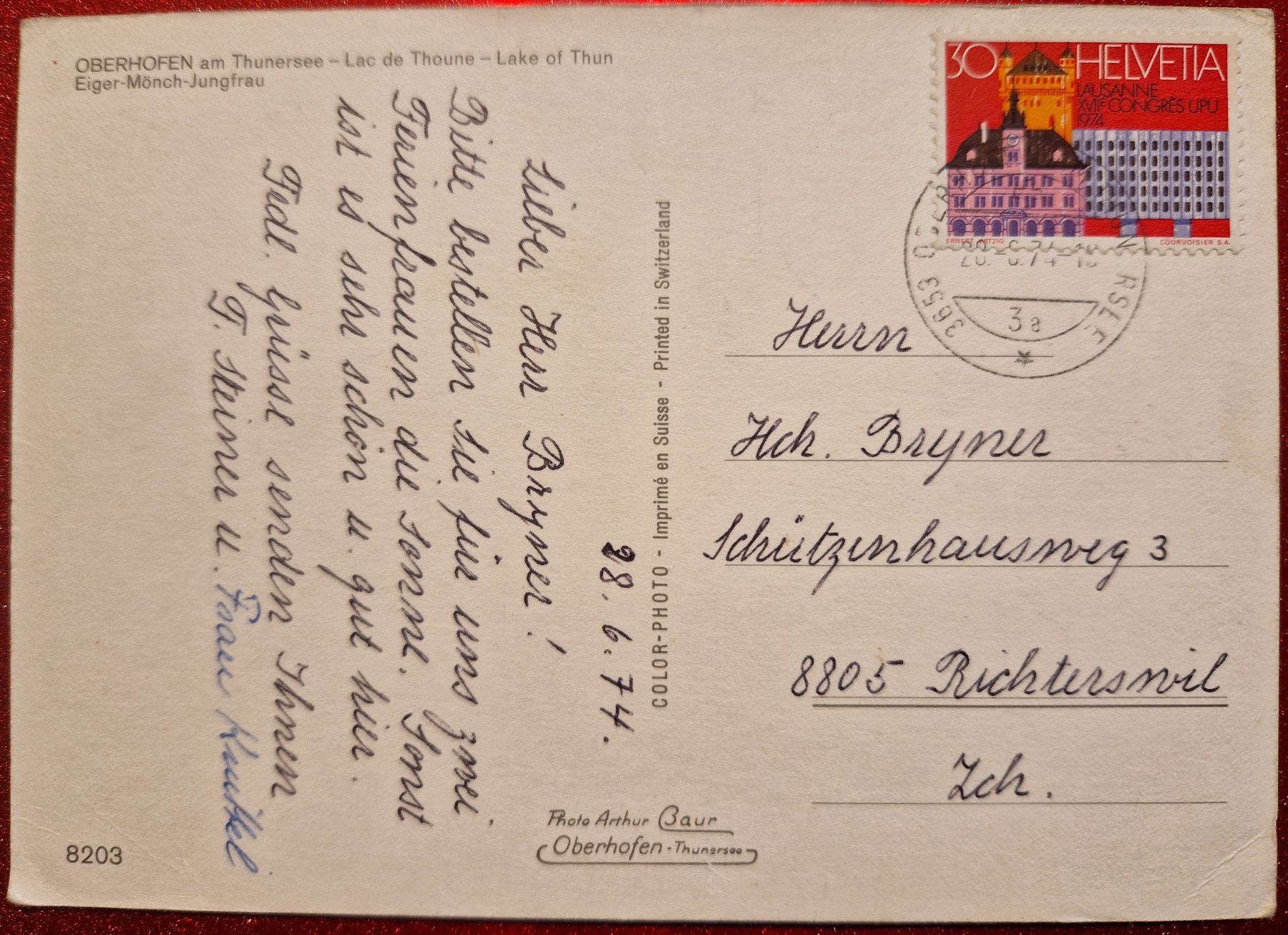 Ansichtskarten: Oberhofen am Thunersee 1974 – Gebraucht aus Melchnau von Fishel 1