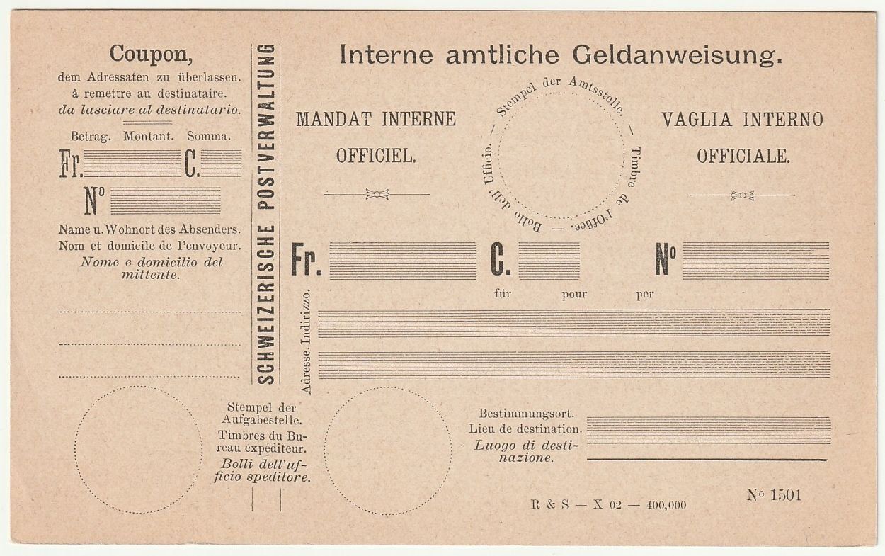 Tutti i francobolli: Ganzsache  Postformular Interne amtliche Geldanweisung – Usato da Fislisbach venduto da Zigzag12