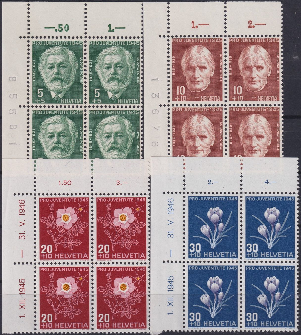 Tutti i francobolli: 1945,  J113-J116 Viererblöcke mit Eck-Tabs postfrisch **. – Usato da Sursee venduto da Luzernerraute