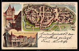 Lithographie St. Gallen, Markt-Thor, Rathhaus & Leinwandbänk