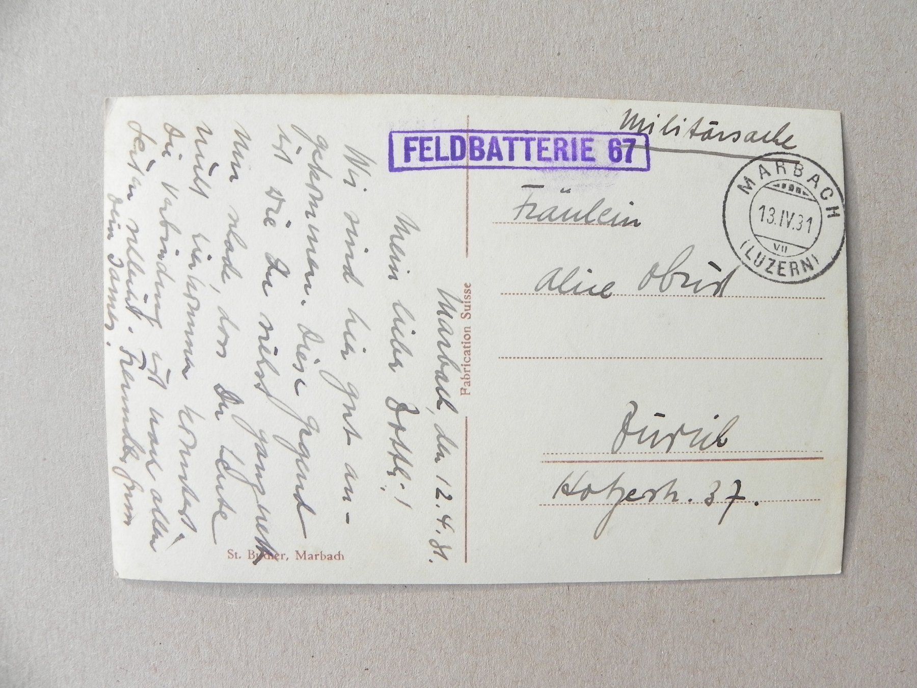 Cartoline postali: Karte Ansichtskarte Marbach LU Luzern 1931 – Usato da Siebnen venduto da krimsie 1