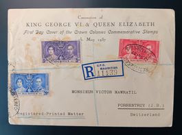 MAURITIUS FDC KGVI KRÖNUNGS-KOMBINATION, IN DIE SCHWEIZ 1937