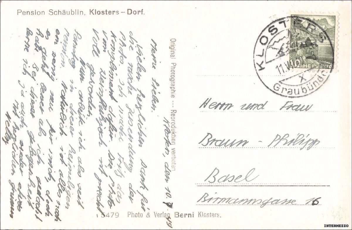 Cartoline postali: Klosters // Pension Schäublin // 1940 – Usato da Basel venduto da intermezzo12 1