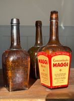 3 grosse, antike Maggiflaschen aus Glas, Nr. 5 und 6