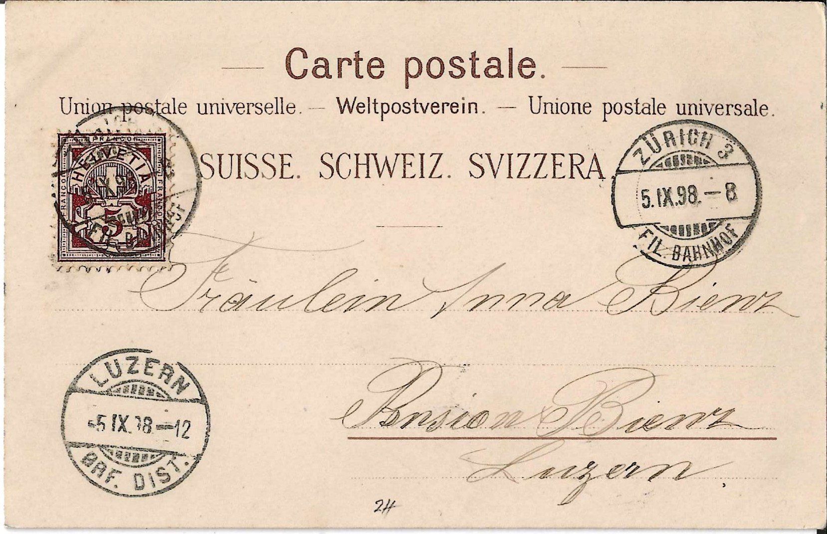 Cartoline postali: Karte Zürich 1898 – Usato da Zürich venduto da Philacat11 1
