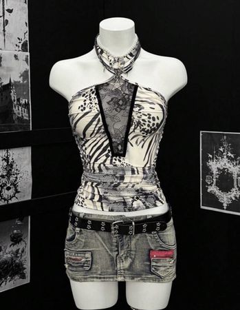 Y2K Mesh Panel Halter Top with Animal Print