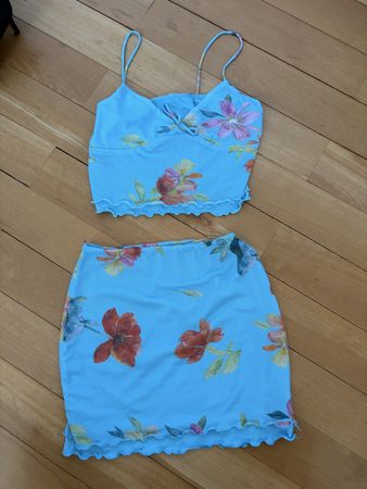 Damen Set Rock und Top hellblau Blumenmuster Sommer