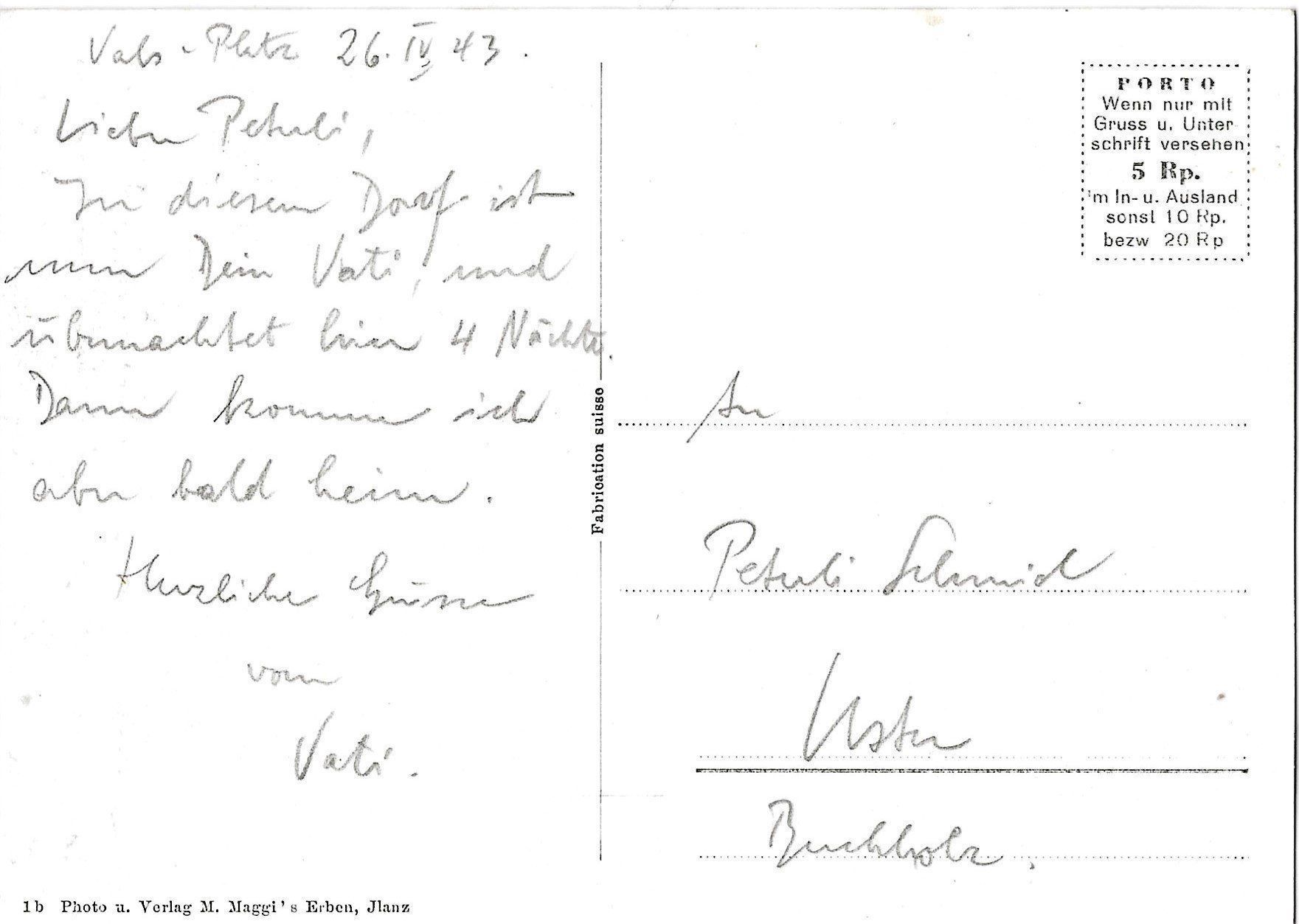Cartoline postali: Vals Platz, 1943 – Usato da Frauenfeld venduto da Merk52 1