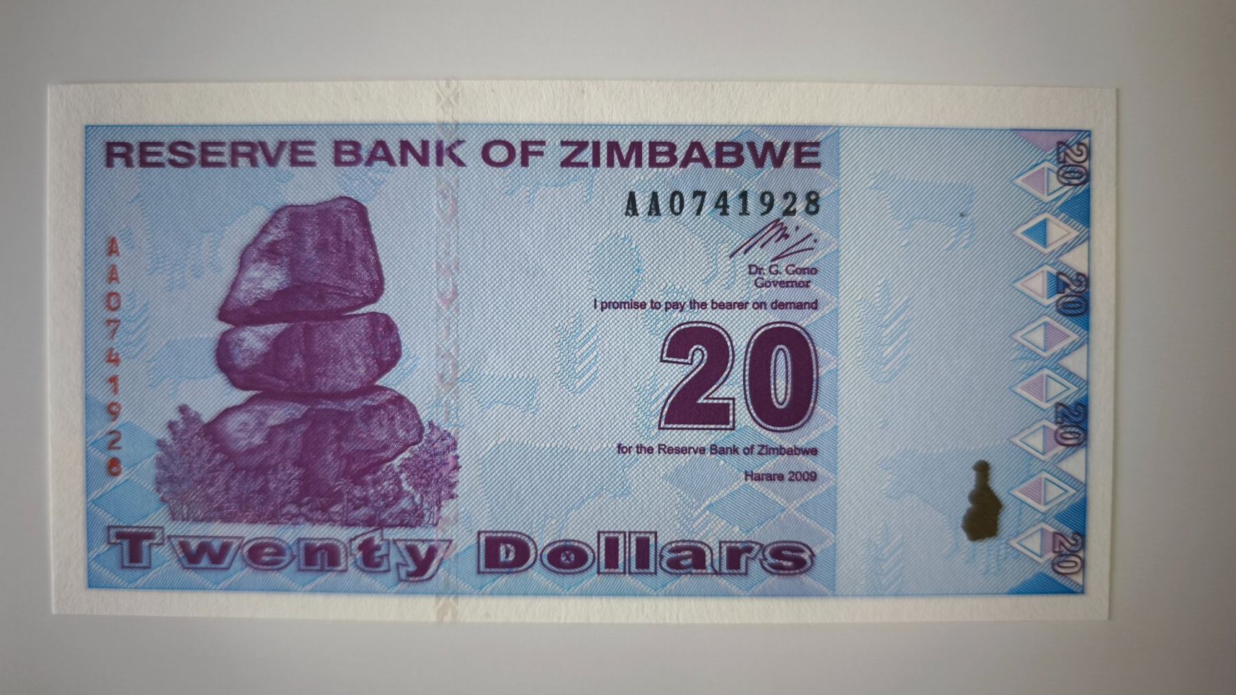 Banconote: Banknote Simbabwe 20 Dollars 2009 UNZ – Usato da Schlieren venduto da wnzel