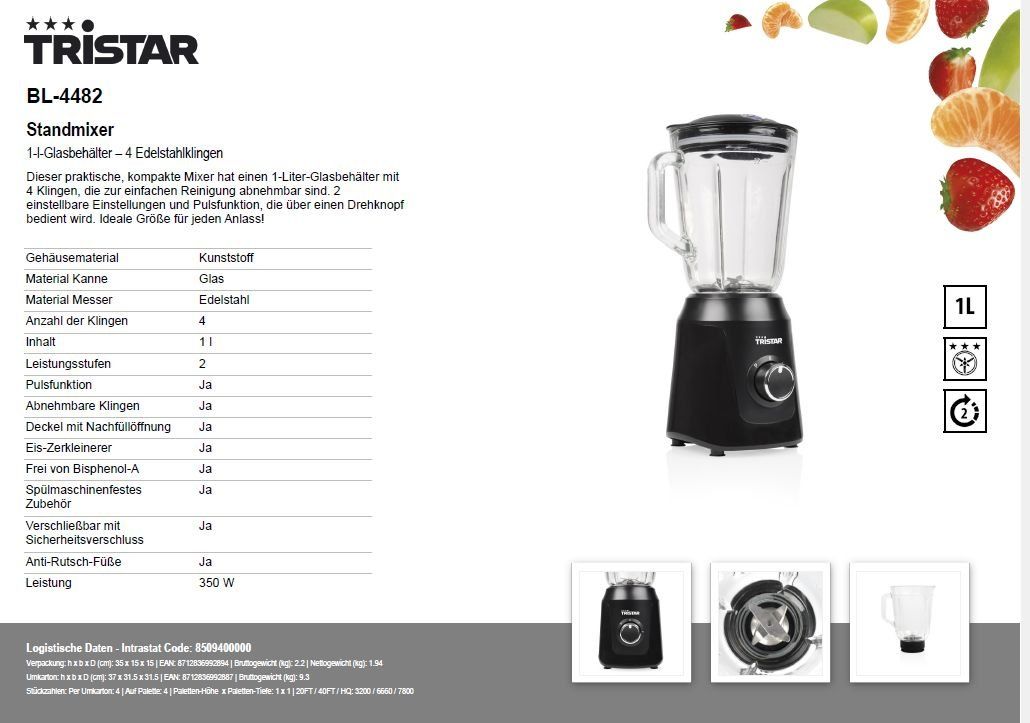 Elettrodomestici da cucina: TRISTAR BL-4482 Standmixer - BL-4482 – Usato da Opfikon venduto da Trodat5430