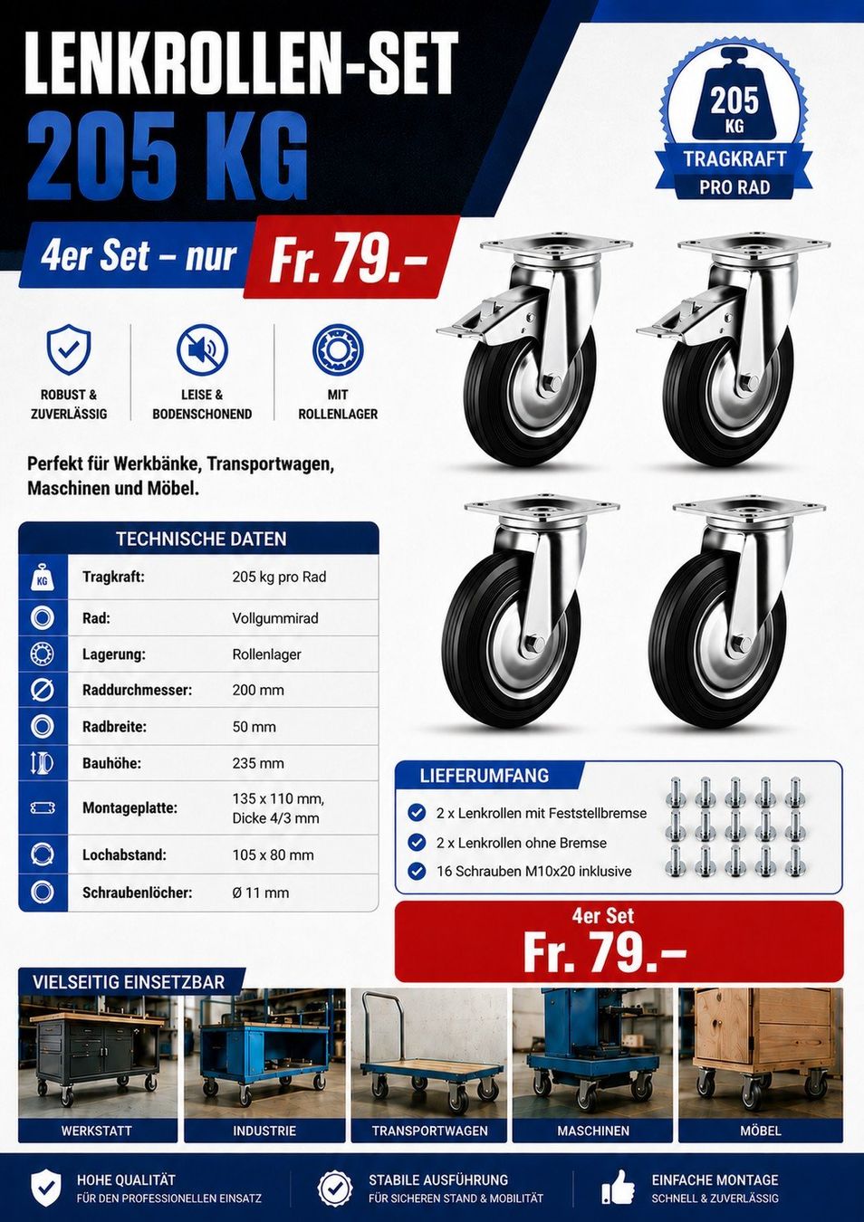 Autre stockage et transport: 4x Lenkrollen, Containerräder, Vollgummirad, Abfallcontainer – Neuf avec emballage d'origine à Kottwil par Crazyrolf
