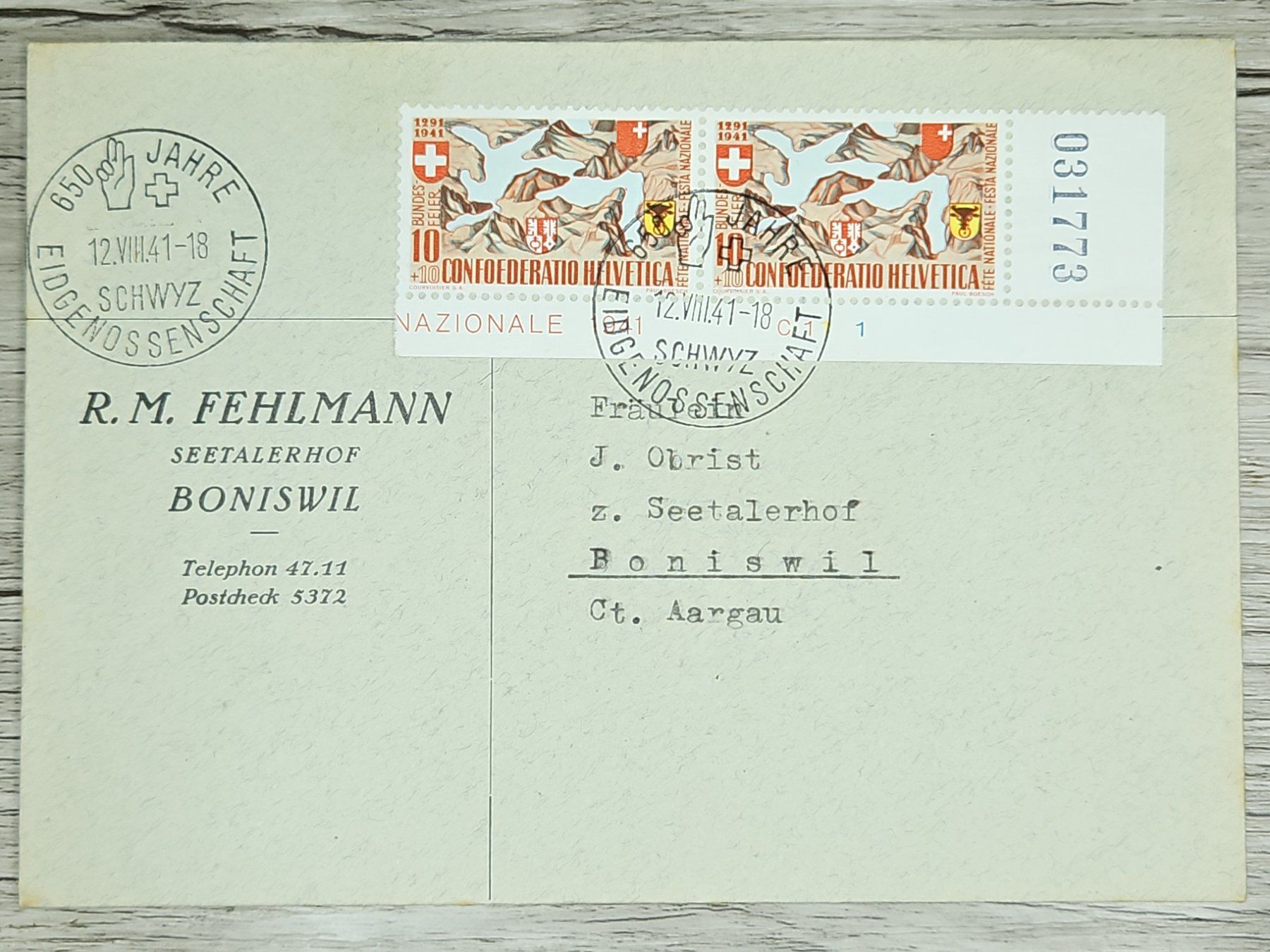 Tutti i francobolli: CL02 Enveloppe + Timbre Suisse 1941 – Usato da Cousset venduto da Patrick_Collections