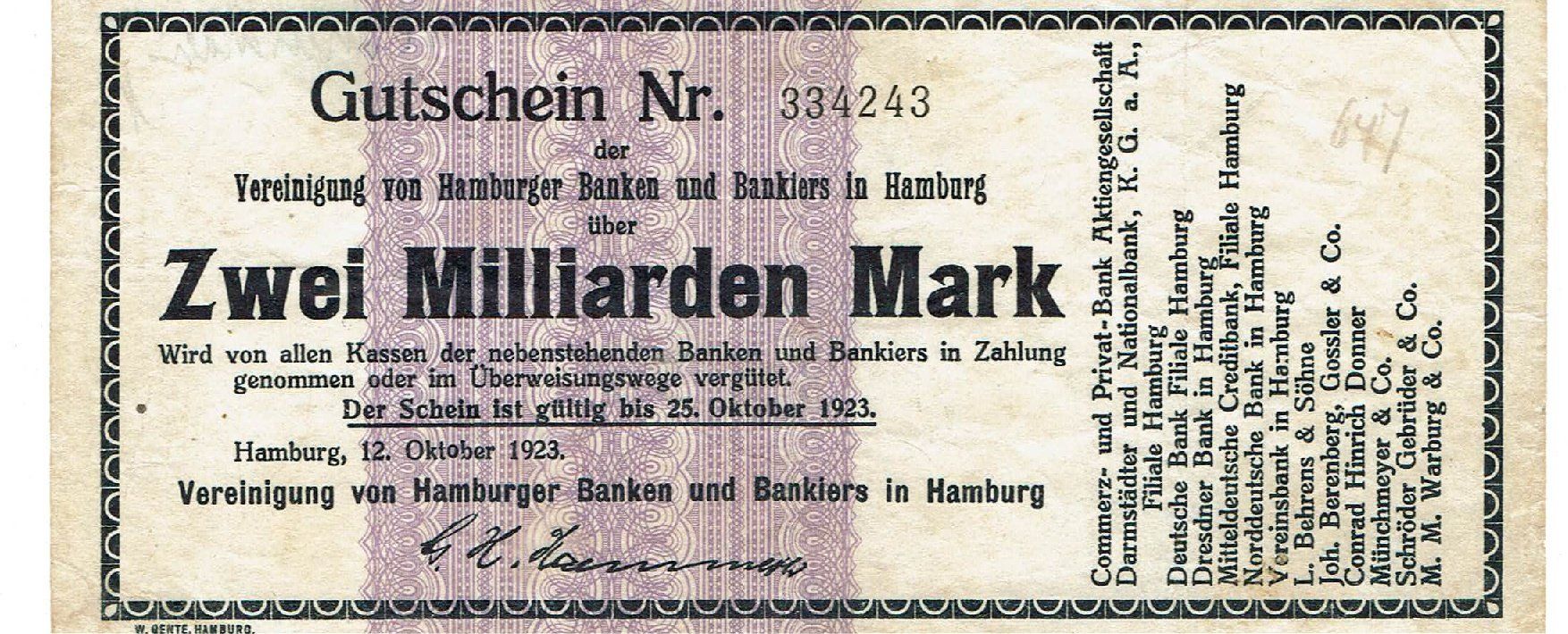 Banknoten: Hamburg 2 Mrd.Mark 12.10.1923 SS++-VZ – Gebraucht aus Steffisburg von ber_8htf 1