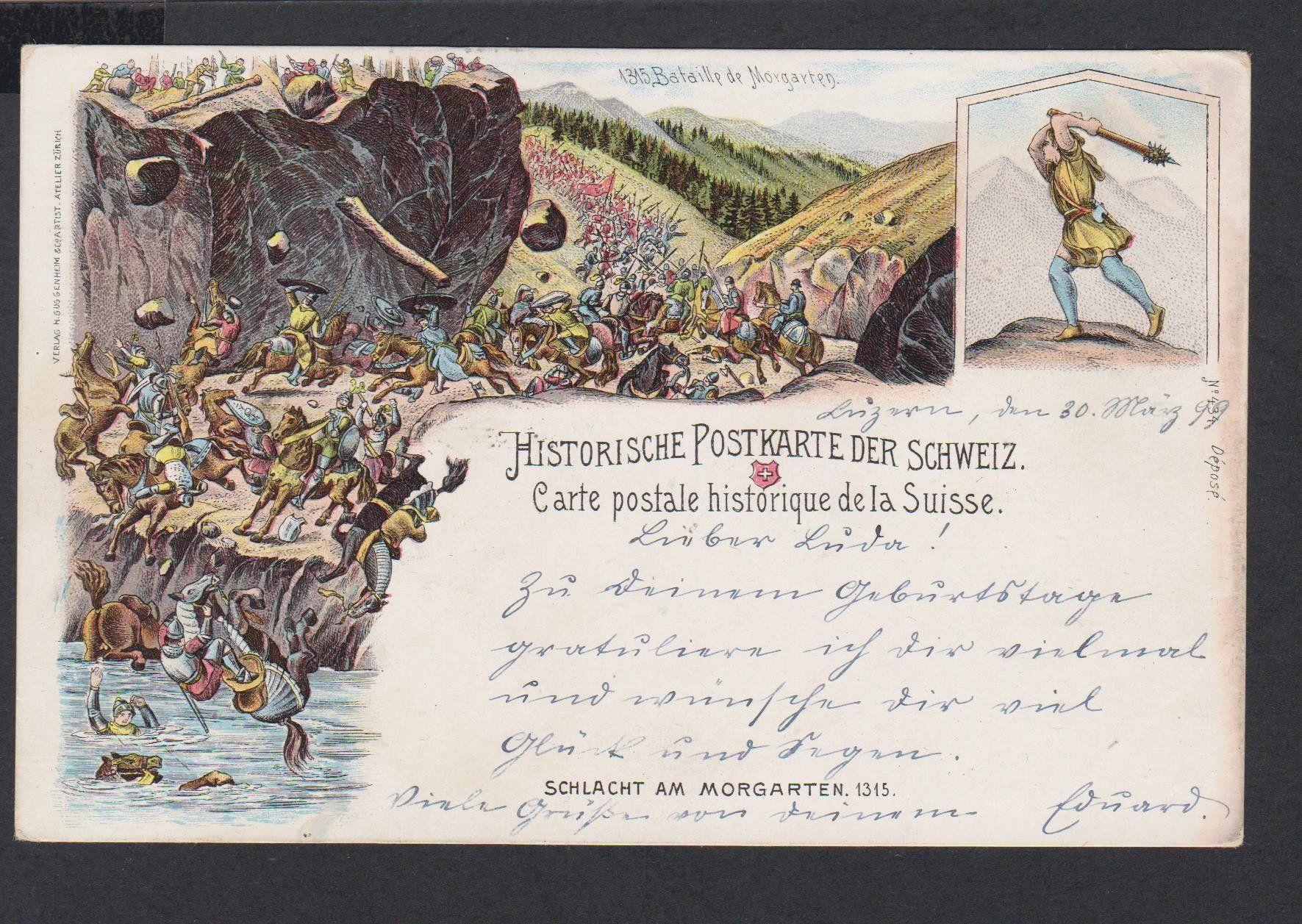Cartoline postali: Morgarten   -   alte Litho Ansichtskarte von 1899 – Usato da Vitznau venduto da Ropaku