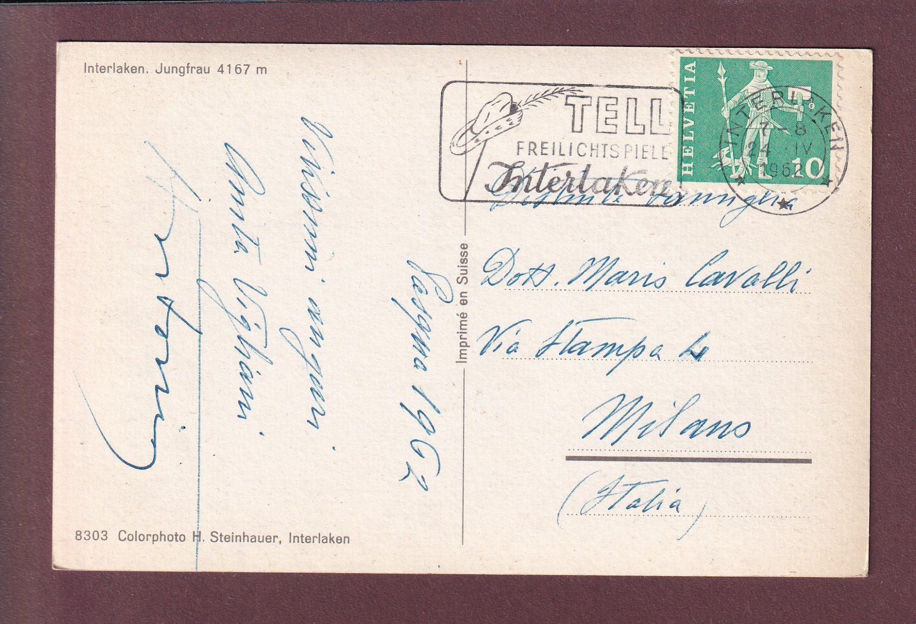 Ansichtskarten: JUNGFRAU - 1962 – Gebraucht aus Pully von nicecards 1