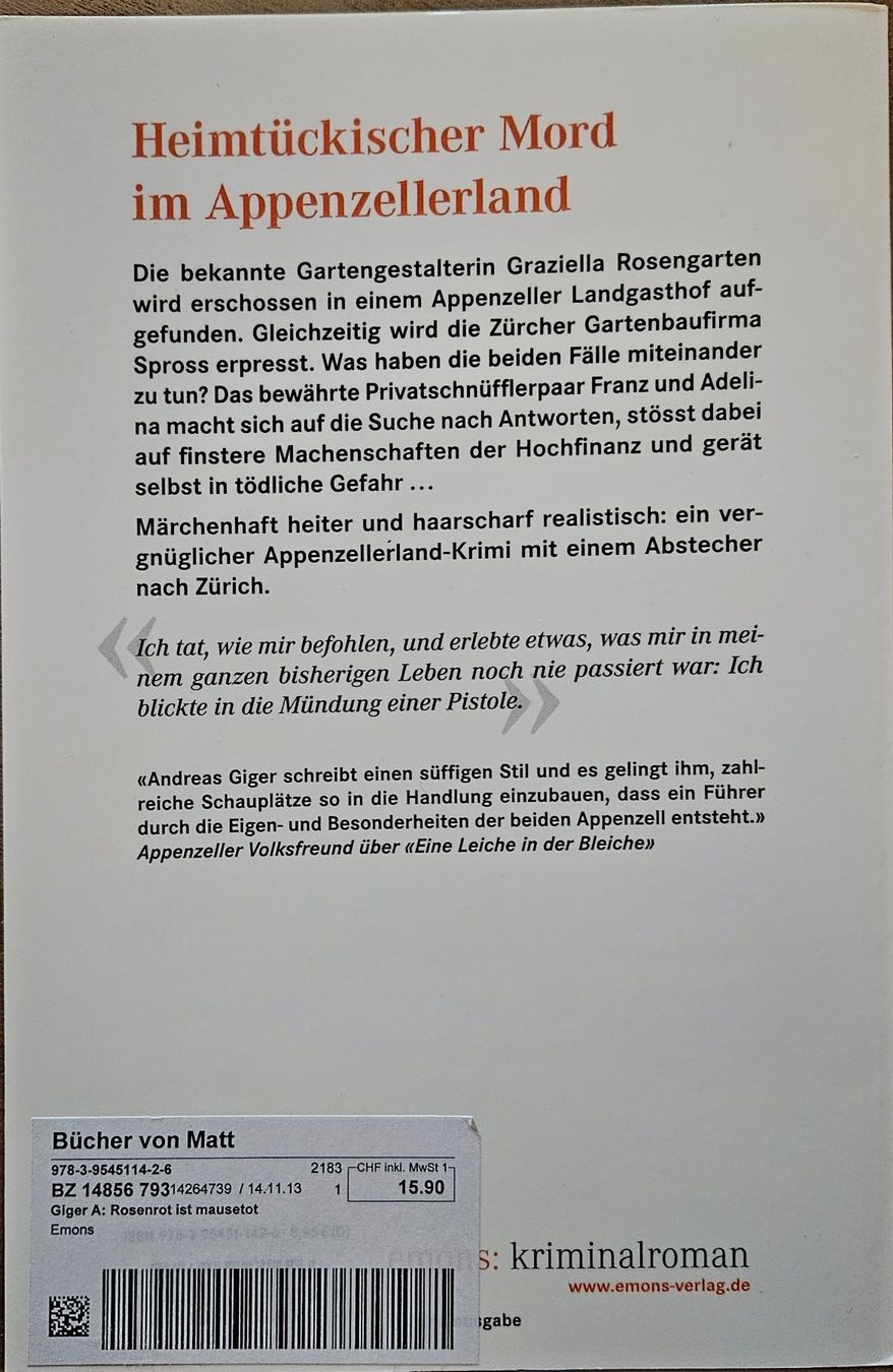 Libri: Andreas Giger - Rosenrot ist mausetot – Usato da Hinwil venduto da brucha01 1