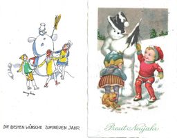 Schneemann zum Neujahr 2 AK mit Kinder ab 1928 Motiv