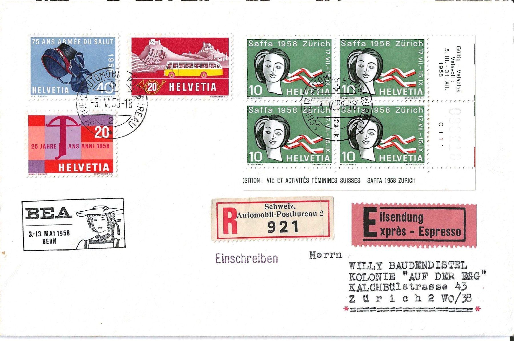 Tutti i francobolli: Brief Express (Eingeschrieben  Stempel BEA) 1958 – Usato da Zürich venduto da Philacat11