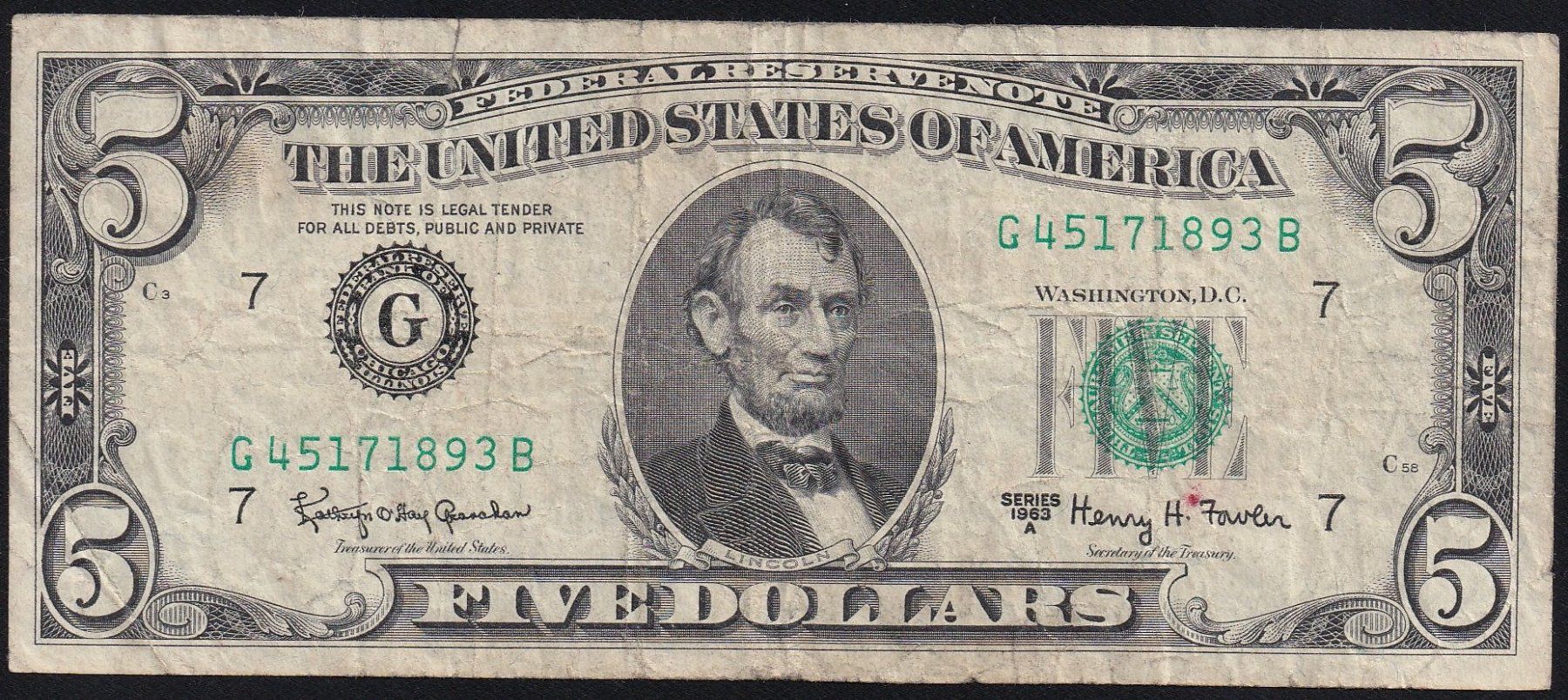 Banconote: USA 5 Dollars 1963A Chicago – Usato da Brugg AG venduto da banknoten_muesli