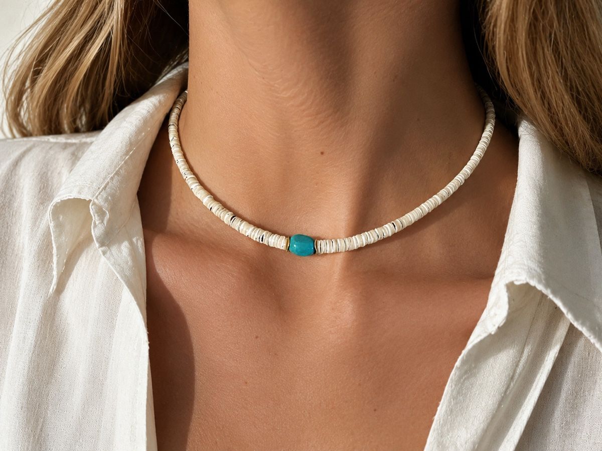 Colliers: Turquoise & Pukka Shell Necklace - Gold Plated Silver – Neuf avec emballage d'origine à Rüschlikon par ThereseJewelryDesign 1