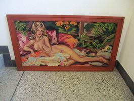 Vintage Gobelin Bild Stickbild AKT NACKTE FRAU 63 x 115 cm