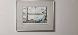Wunderschönes Aquarellbild, Landschaft mit See, gerahmt