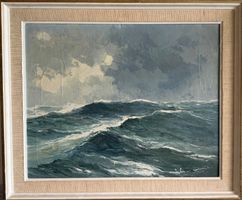 Signierte Meereslandschaft Ölgemälde, stürmische Meere, Küst