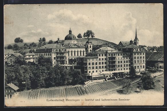 Cartoline postali: Menzingen, Blick auf Institut und Lehrer – Usato da Berlin venduto da bartko-reher