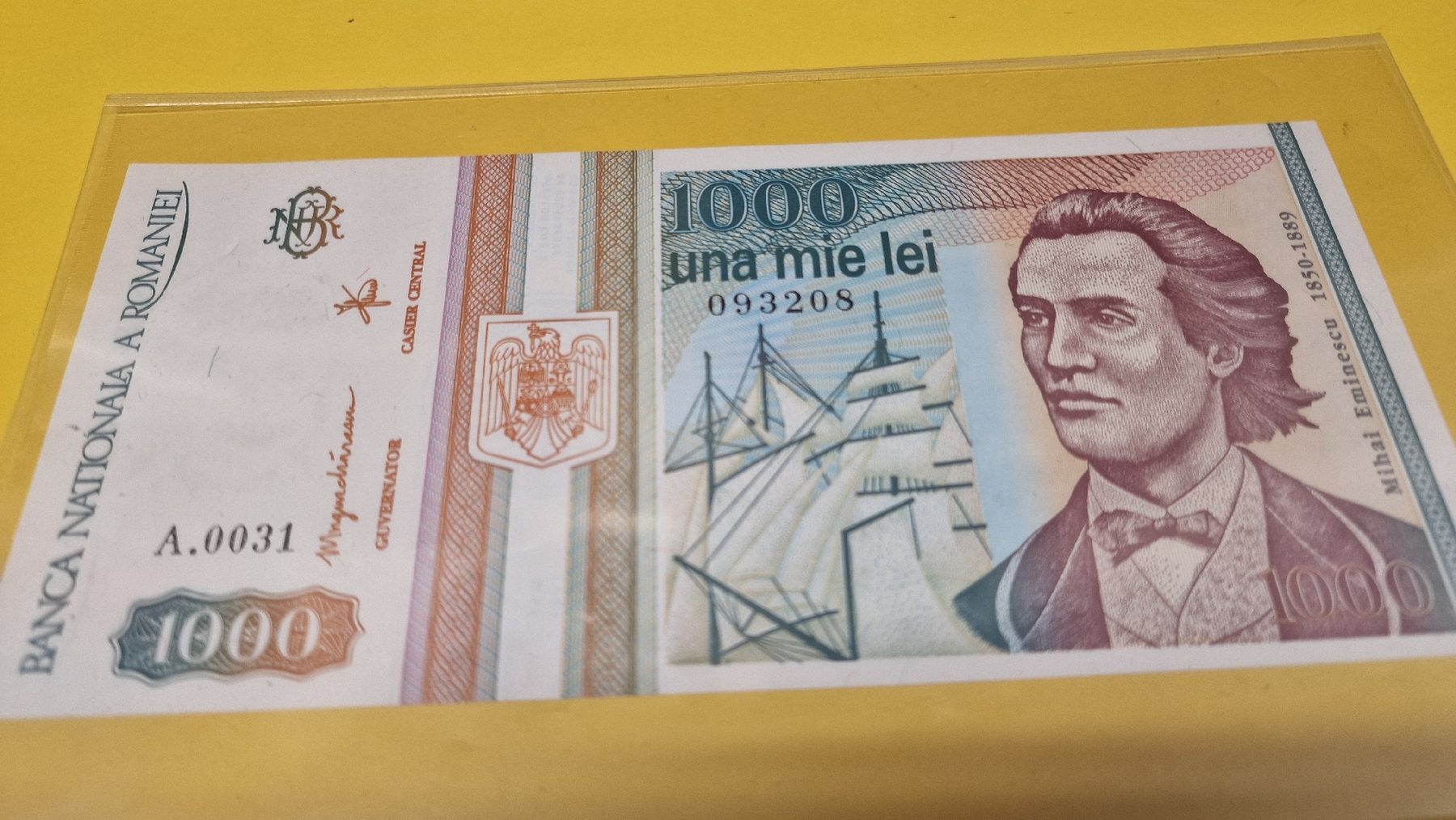 Banconote: Rumänische Banknote 1000 Lei 1993 Eminescu – Nuovo e nell'imballaggio originale da Herisau venduto da Antiques.AR