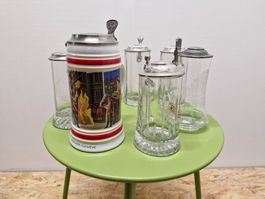 Bierkrüge mit Zinndeckel, Stiefel Biergläser