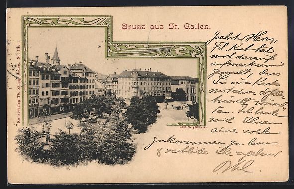 Cartoline postali: St. Gallen, Strassenpartie mit Geschäft – Usato da Berlin venduto da bartko-reher