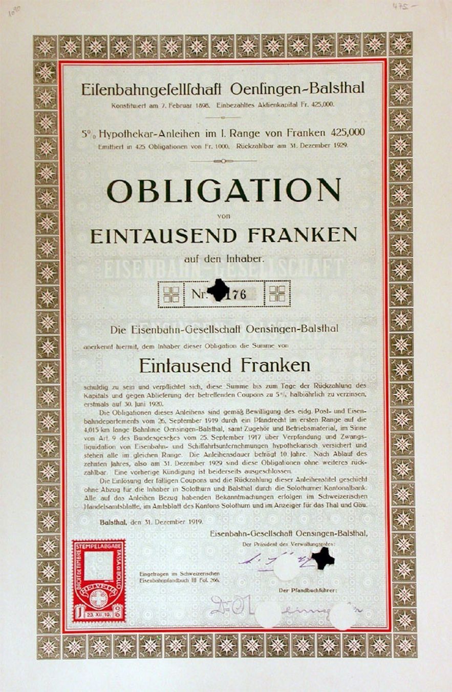 Documenti: Eisenbahngesellschaft Oensingen-Balsthal, Balsthal - 1919 – Usato da Solothurn venduto da Sgasche