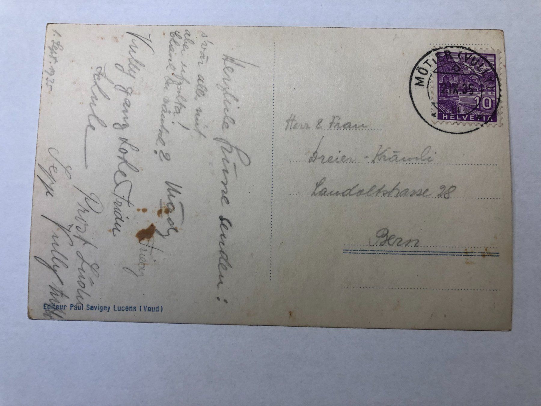 Cartoline postali: Ansichtskarte Motier Vully 1935 – Usato da Pfäffikon ZH venduto da Waltoversand 1