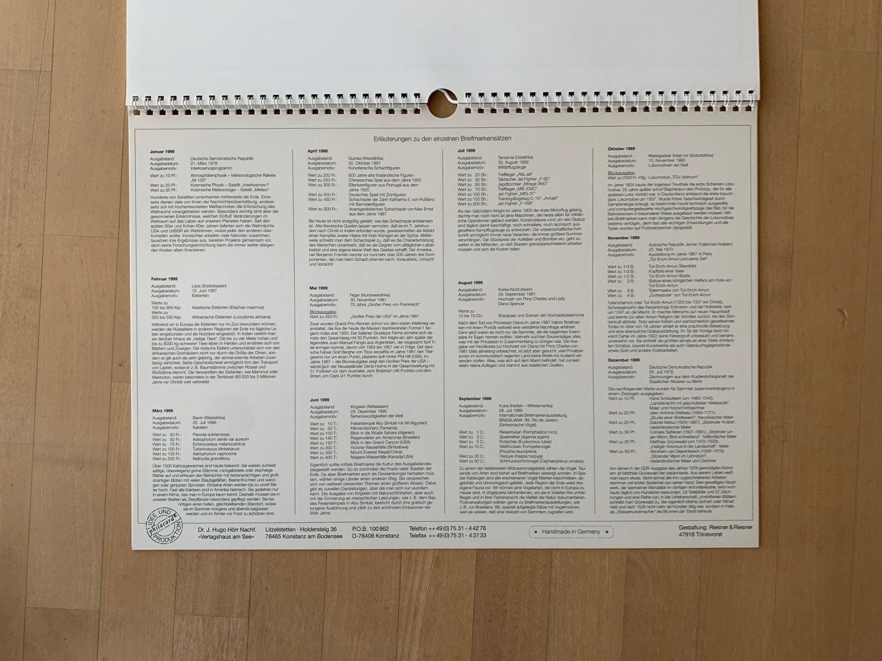 Tutti i francobolli: Briefmarkenkalender 1999 – Usato da Zollikon venduto da Xblanka 1